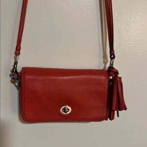 Coach Red Leather Turnlock Crossbody with Tassel Accent